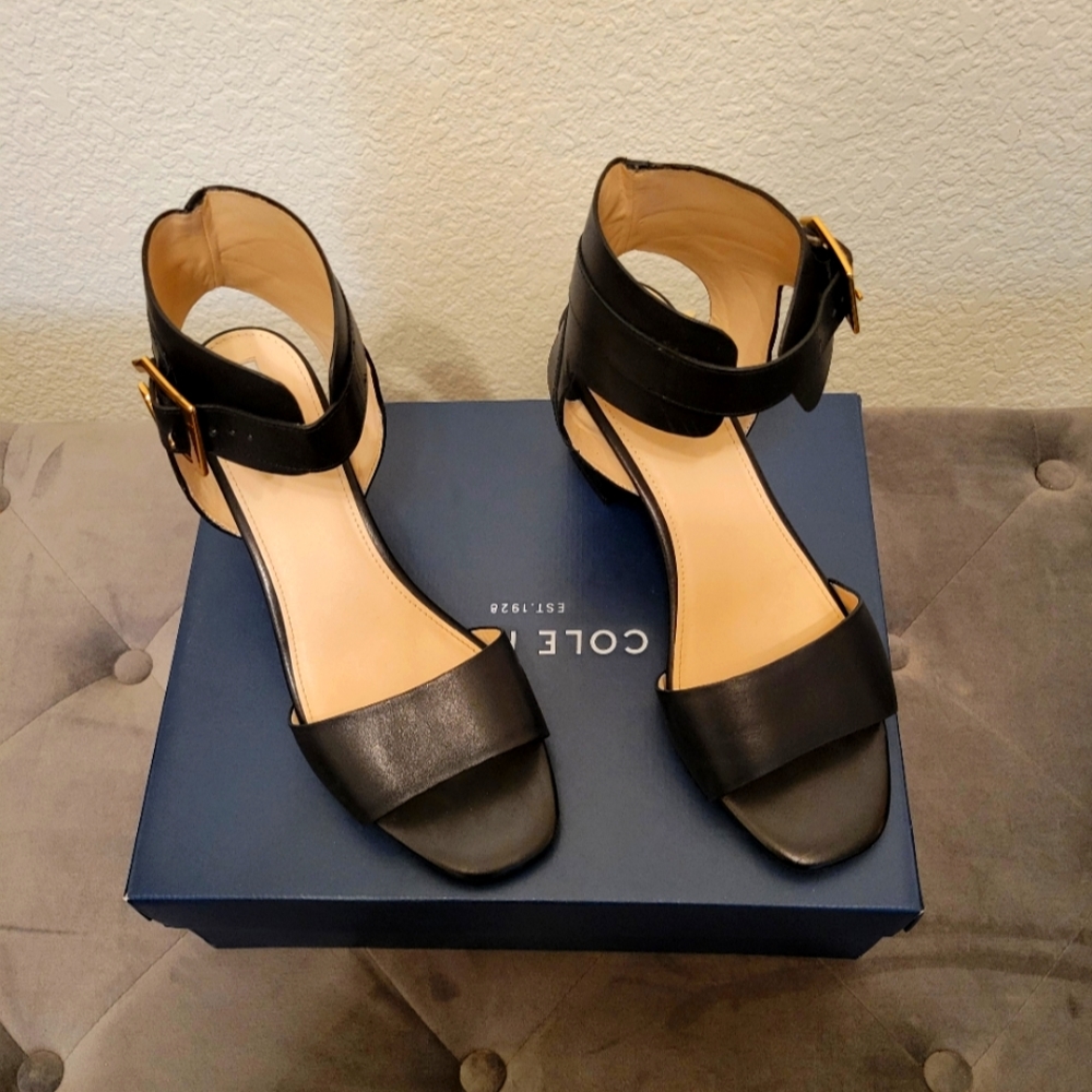 Cole Haan Leather Black Buckle Heels.